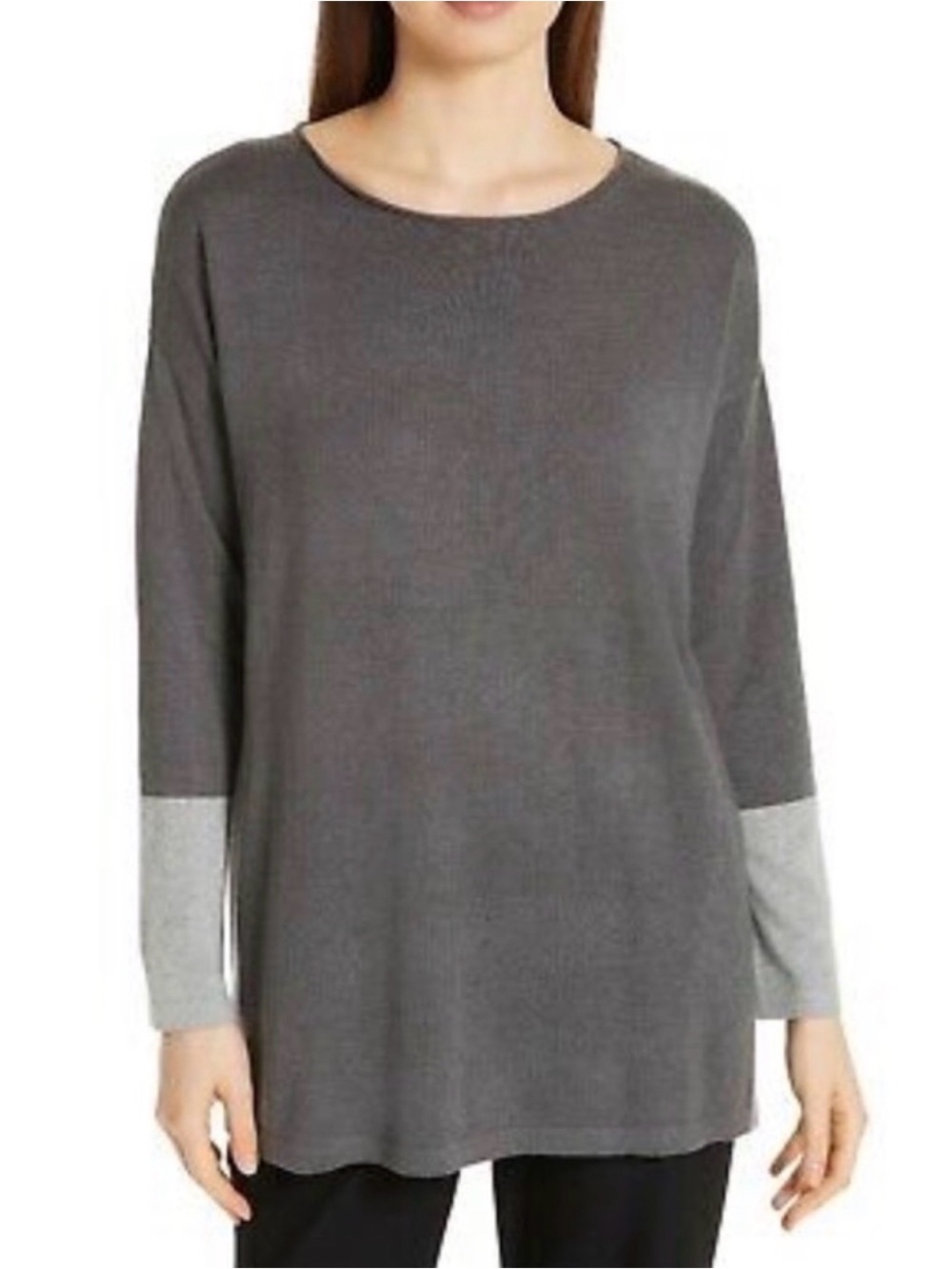 Eileen Fisher Colorblock Long Sleeve Tunic Sweater Top Gray Tencel cotton silk